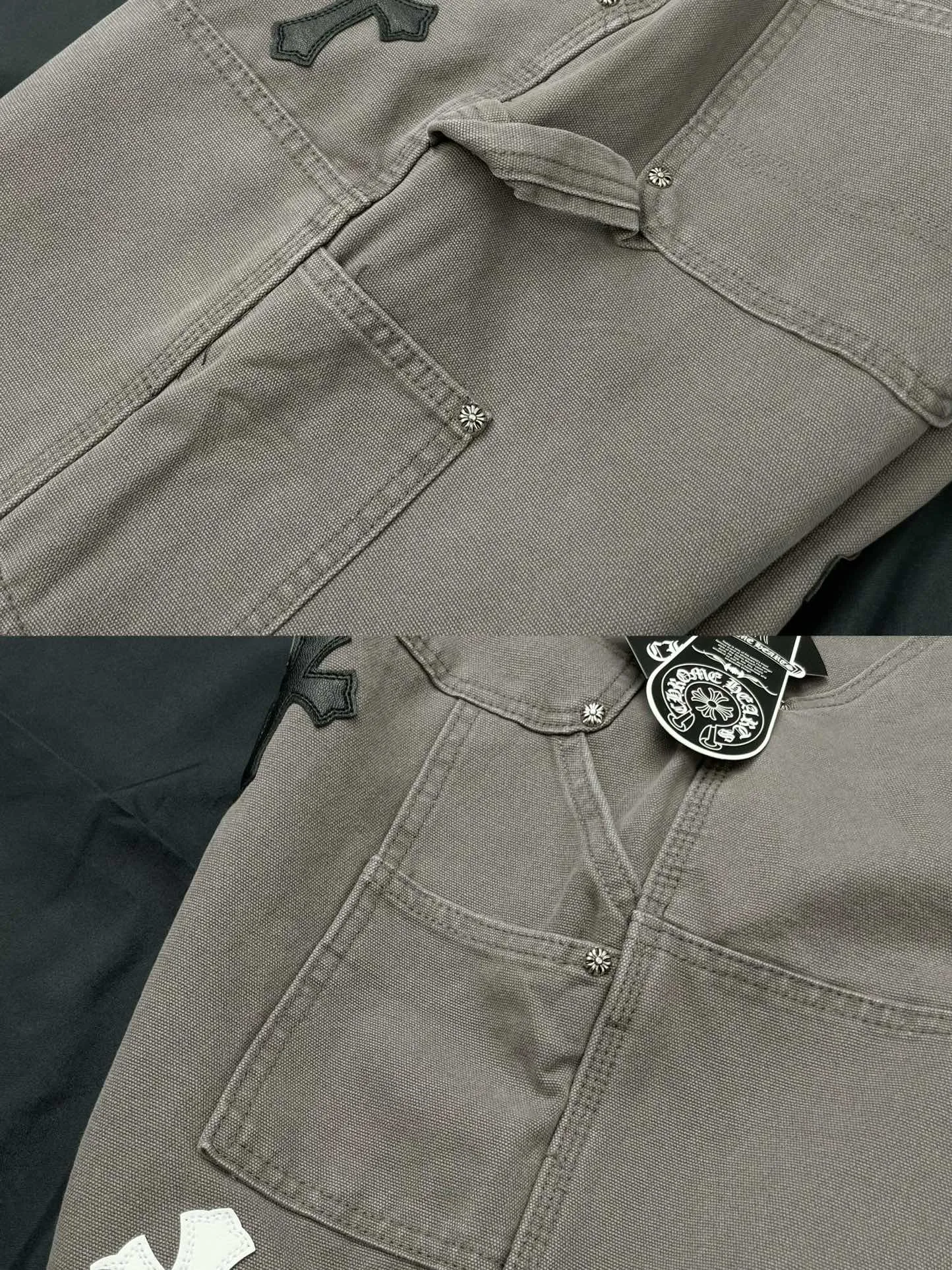 🅿️290 Correct version Item number: C01 Chrome Hearts CH double knee cross patch leather b01 version logging pants straight leg Sanskrit overalls, cabinet W level, patch cross pattern embellishment, high waist washed jeans! ! Absolutely high-end luxury products, 1.9W level god-level single products, super popular products, made with top heavy industry, a magic weapon that cannot be missed. About Zangyin, this is an extremely luxurious fashion brand, which can also be called the aristocrats of the high street. It has always been an exclusive brand for some hipsters or rich second generation. Compared with ordinary high streets, it is more luxurious and noble. Compared with luxury brands, it has a more fashionable personality and has always been a brand that I have a special liking for. Imported yarn is custom-woven into a high-density twill canvas, which ensures a crisp silhouette and a very delicate hand feel. It follows the B01 classic silhouette, with a crisp and stylish upper body. The ready-made garments are stone-milled and fermented, so they can be matched with any style. Buttons and zippers are made of authentic YKK retro metal products. Double-layer canvas on the front knees has perfect details. All hardware is customized.  Color #Gray Size #S-XL S Waist 77 Hips 102 Length 102 Opening 20 M Waist 81 Hips 106 Length 104 Opening 21 L Waist 85 Hips 110 Length 106 Opening 21.5 xL Waist 90 Hips 114 Length 108 Opening 22